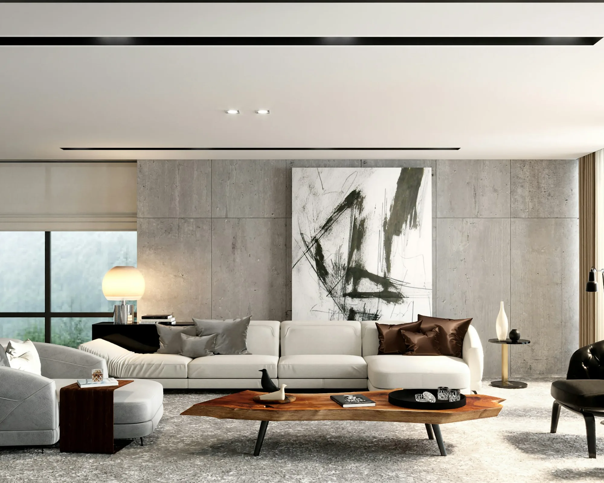 Moderne stue med lys sofa og grå vegg med kunst
