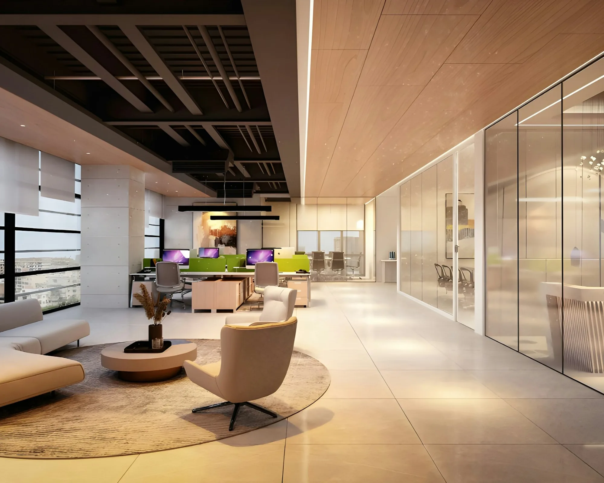Moderne kontorlandskap med lounge og glassvegger