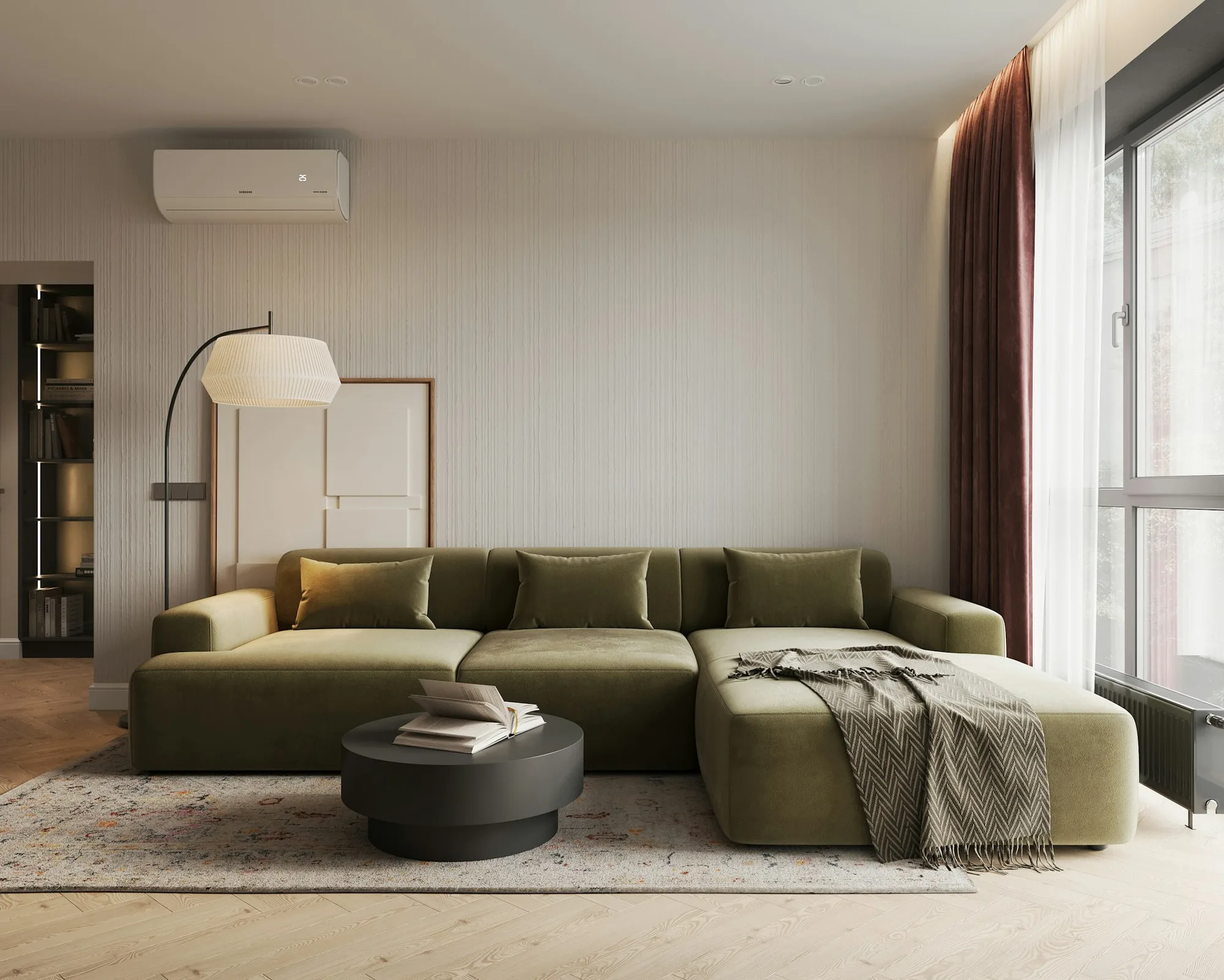 Stue i varme, lyse toner med olivengrønn sofa
